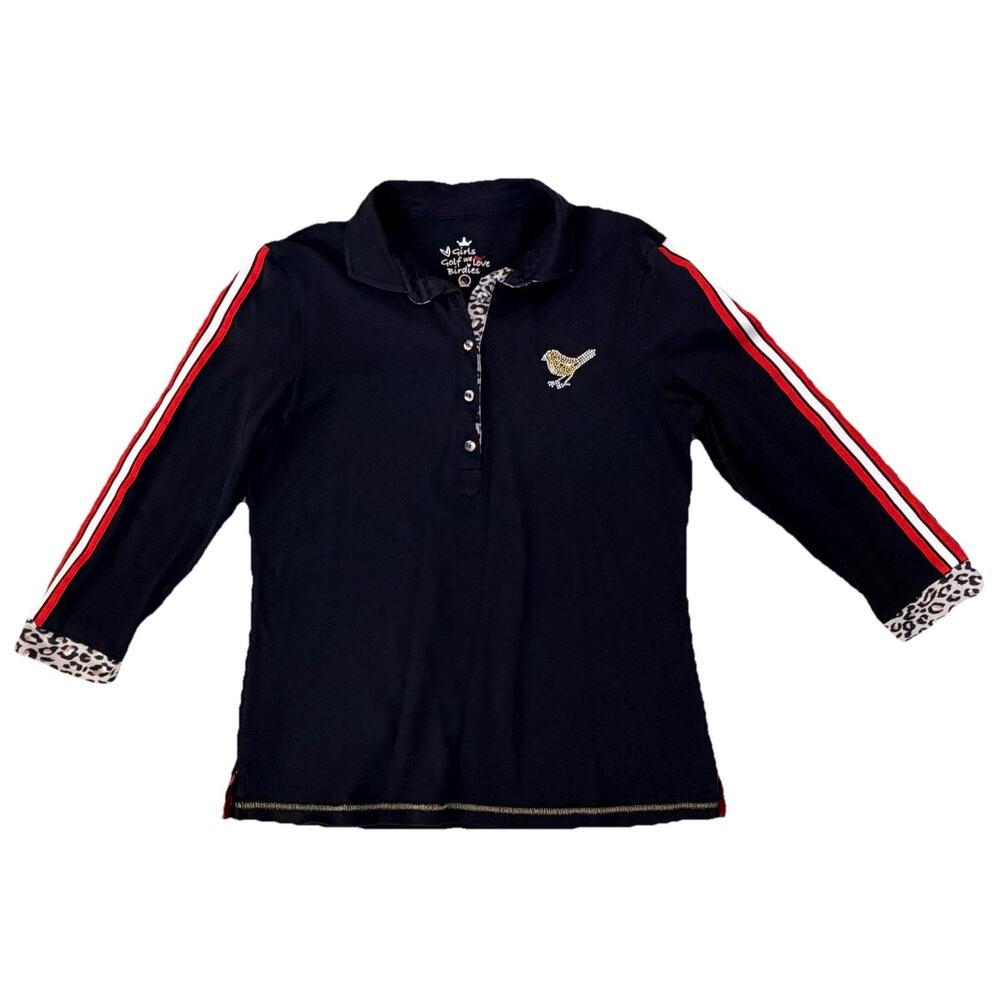 Girls Golf We Love Birdies Black Pique Polo Shirt Embellished Logo XL